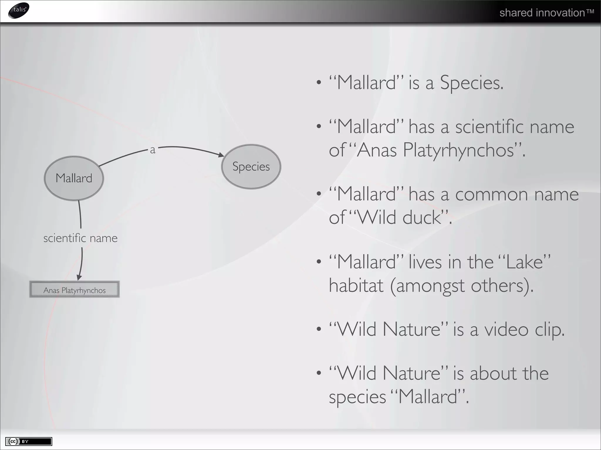 shared innovation™
• “Mallard” is a Species.
• “Mallard” has a scientiﬁc name
of “Anas Platyrhynchos”.
• “Mallard” has a common name
of “Wild duck”.
• “Mallard” lives in the “Lake”
habitat (amongst others).
• “Wild Nature” is a video clip.
• “Wild Nature” is about the
species “Mallard”.
Mallard
Species
a
Anas Platyrhynchos
scientiﬁc name
 