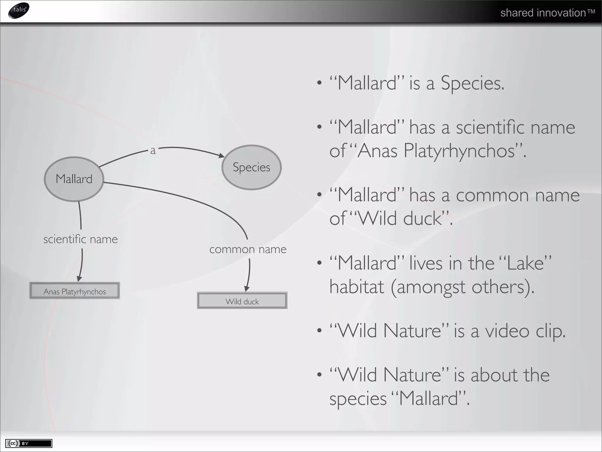 shared innovation™
• “Mallard” is a Species.
• “Mallard” has a scientiﬁc name
of “Anas Platyrhynchos”.
• “Mallard” has a common name
of “Wild duck”.
• “Mallard” lives in the “Lake”
habitat (amongst others).
• “Wild Nature” is a video clip.
• “Wild Nature” is about the
species “Mallard”.
Mallard
Species
a
Anas Platyrhynchos
scientiﬁc name
Wild duck
common name
 