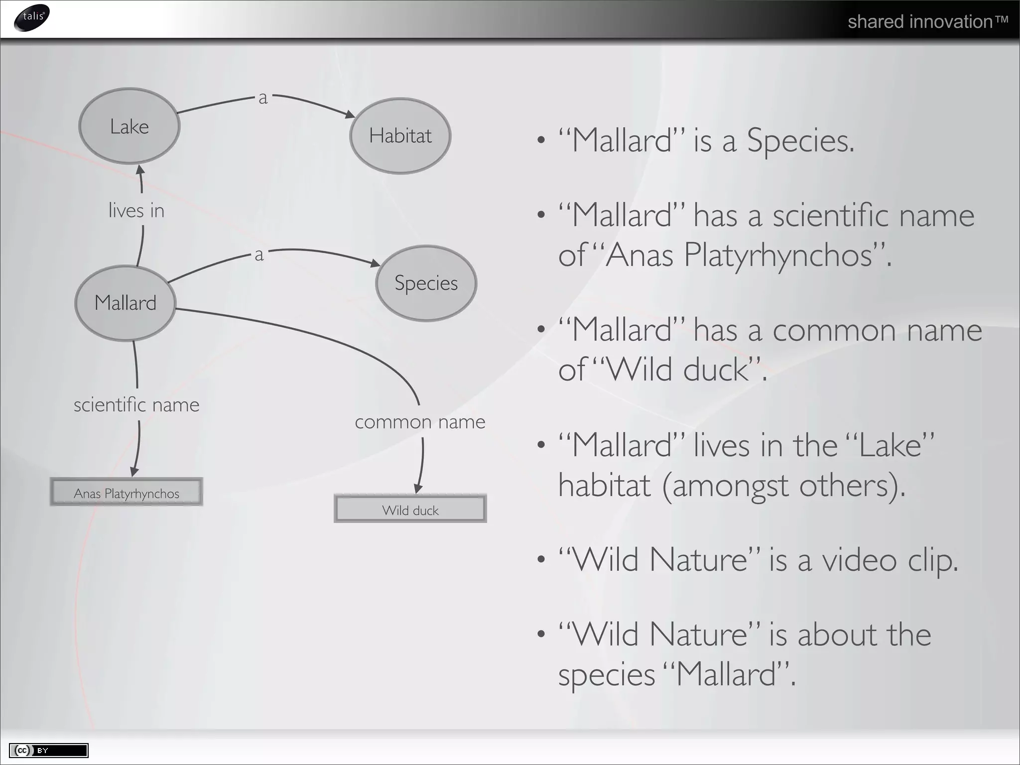 shared innovation™
• “Mallard” is a Species.
• “Mallard” has a scientiﬁc name
of “Anas Platyrhynchos”.
• “Mallard” has a common name
of “Wild duck”.
• “Mallard” lives in the “Lake”
habitat (amongst others).
• “Wild Nature” is a video clip.
• “Wild Nature” is about the
species “Mallard”.
Mallard
Species
a
Anas Platyrhynchos
scientiﬁc name
Wild duck
common name
Lake Habitat
a
lives in
 