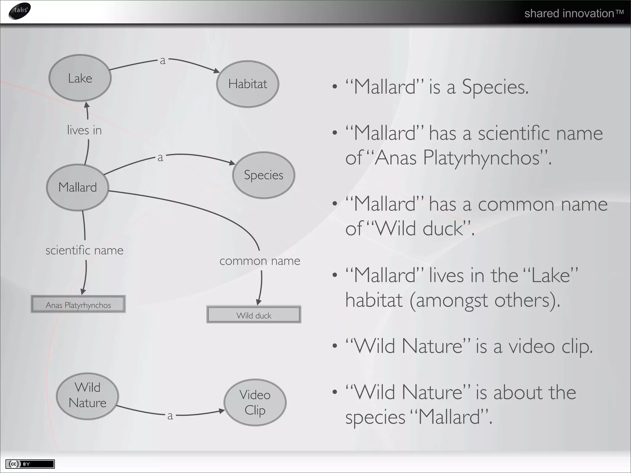 shared innovation™
• “Mallard” is a Species.
• “Mallard” has a scientiﬁc name
of “Anas Platyrhynchos”.
• “Mallard” has a common name
of “Wild duck”.
• “Mallard” lives in the “Lake”
habitat (amongst others).
• “Wild Nature” is a video clip.
• “Wild Nature” is about the
species “Mallard”.
Mallard
Species
a
Anas Platyrhynchos
scientiﬁc name
Wild
Nature
Video
Clipa
Wild duck
common name
Lake Habitat
a
lives in
 