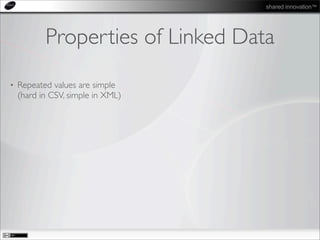 shared innovation™
Properties of Linked Data
• Repeated values are simple
(hard in CSV, simple in XML)
 