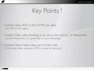 shared innovation™
Key Points !
• Linked Data, RDF, is the HTML for data.
(it’s 1995 all over again)
• Linked Data, web-thinking, is as old as the Library of Alexandria
(and like Alexandria, it is a great way to share knowledge)
• Linked Data makes data part of the web.
(a ﬁrst class citizen alongside HTML, a target for linking to)
 
