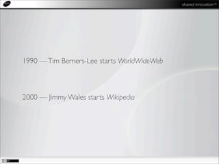 shared innovation™
1990 —Tim Berners-Lee starts WorldWideWeb
2000 — Jimmy Wales starts Wikipedia
 