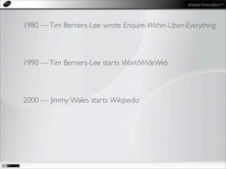 shared innovation™
1980 —Tim Berners-Lee wrote Enquire-Within-Upon-Everything
1990 —Tim Berners-Lee starts WorldWideWeb
2000 — Jimmy Wales starts Wikipedia
 