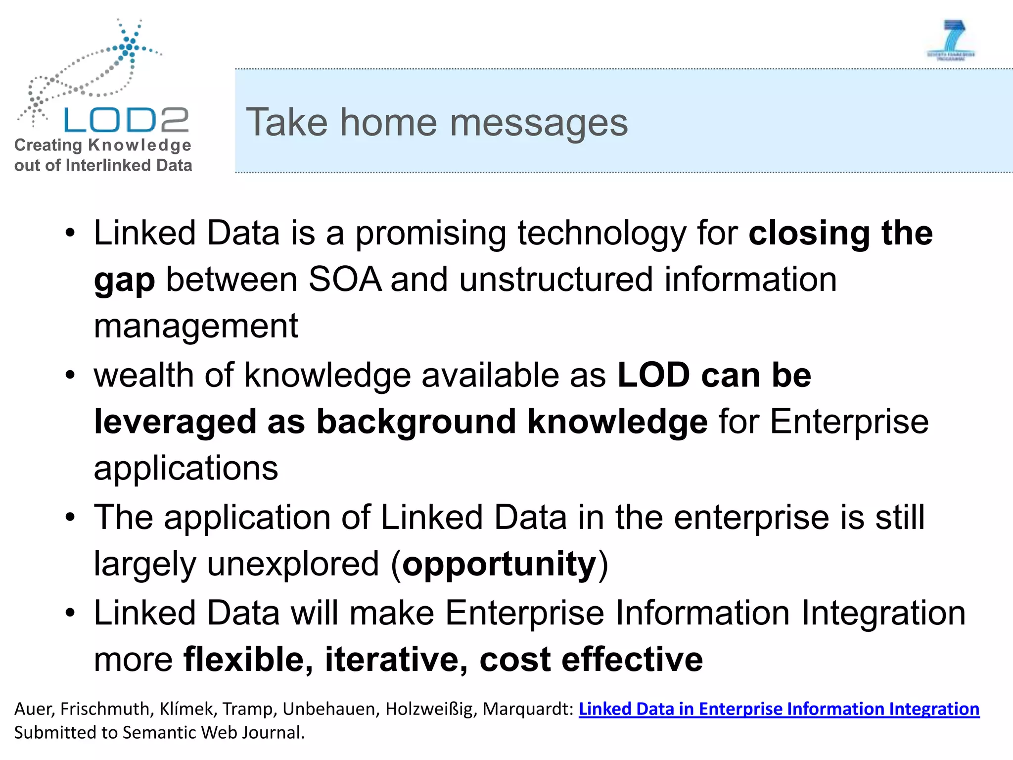 Creating Knowledge out of Interlinked Data • Linked Data is a promising technology for closing the gap between SOA and unstructured information management • wealth of knowledge available as LOD can be leveraged as background knowledge for Enterprise applications • The application of Linked Data in the enterprise is still largely unexplored (opportunity) • Linked Data will make Enterprise Information Integration more flexible, iterative, cost effective Take home messages Auer, Frischmuth, Klímek, Tramp, Unbehauen, Holzweißig, Marquardt: Linked Data in Enterprise Information Integration Submitted to Semantic Web Journal. 