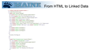 From HTML to Linked Data
<!-- A trilogy of books with numbered volumes. -->
<div vocab="http://schema.org/">
<p typeof="Book" resource="#trilogy">
<link property="about" href="http://id.worldcat.org/fast/1020337">
The <strong property="name">Lord of the Rings</strong> is an
<span property="inLanguage" content="en">English-language</span>
<span property="genre">fictional</span> trilogy by
<span property="author" typeof="Person" resource="#author">
<link property="sameAs" href="http://viaf.org/viaf/95218067">
<span property="name" content="Tolkien, J. R. R. (John Ronald Reuel)">J. R. R. Tolkien</span>
(<span property="birthDate">1892</span>-<span property="deathDate">1973</span>).
</span>
<link property="hasPart" href="#book1">
<link property="hasPart" href="#book2">
<link property="hasPart" href="#book3">
</p>
<p>
The books in the trilogy are:
</p>
<ul>
<li typeof="Book PublicationVolume" resource="#book1">
Vol. <span property="volumeNumber">1</span>:
<link property="about" href="http://id.worldcat.org/fast/1020337">
<link property="isPartOf" href="#trilogy">
<link property="author" href="#author">
<meta property="inLanguage" content="en">
<span property="name">The Fellowship of the Ring</span>
</li>
 