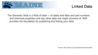 Linked Data
The Semantic Web is a Web of data — of dates and titles and part numbers
and chemical properties and any other data one might conceive of. RDF
provides the foundation for publishing and linking your data.
Source: http://www.w3.org/standards/semanticweb/
 