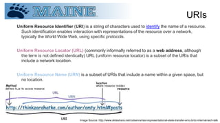 URIs
Uniform Resource Identifier (URI) is a string of characters used to identify the name of a resource.
Such identification enables interaction with representations of the resource over a network,
typically the World Wide Web, using specific protocols.
Uniform Resource Locator (URL) (commonly informally referred to as a web address, although
the term is not defined identically) URL (uniform resource locator) is a subset of the URIs that
include a network location.
Uniform Resource Name (URN) is a subset of URIs that include a name within a given space, but
no location.
Image Source: http://www.slideshare.net/rodsenra/rest-representational-state-transfer-emc-brdc-internal-tech-talk
 