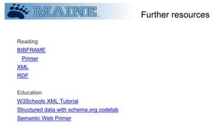 Further resources
Reading
BIBFRAME
Primer
XML
RDF
Education
W3Schools XML Tutorial
Structured data with schema.org codelab
Semantic Web Primer
 