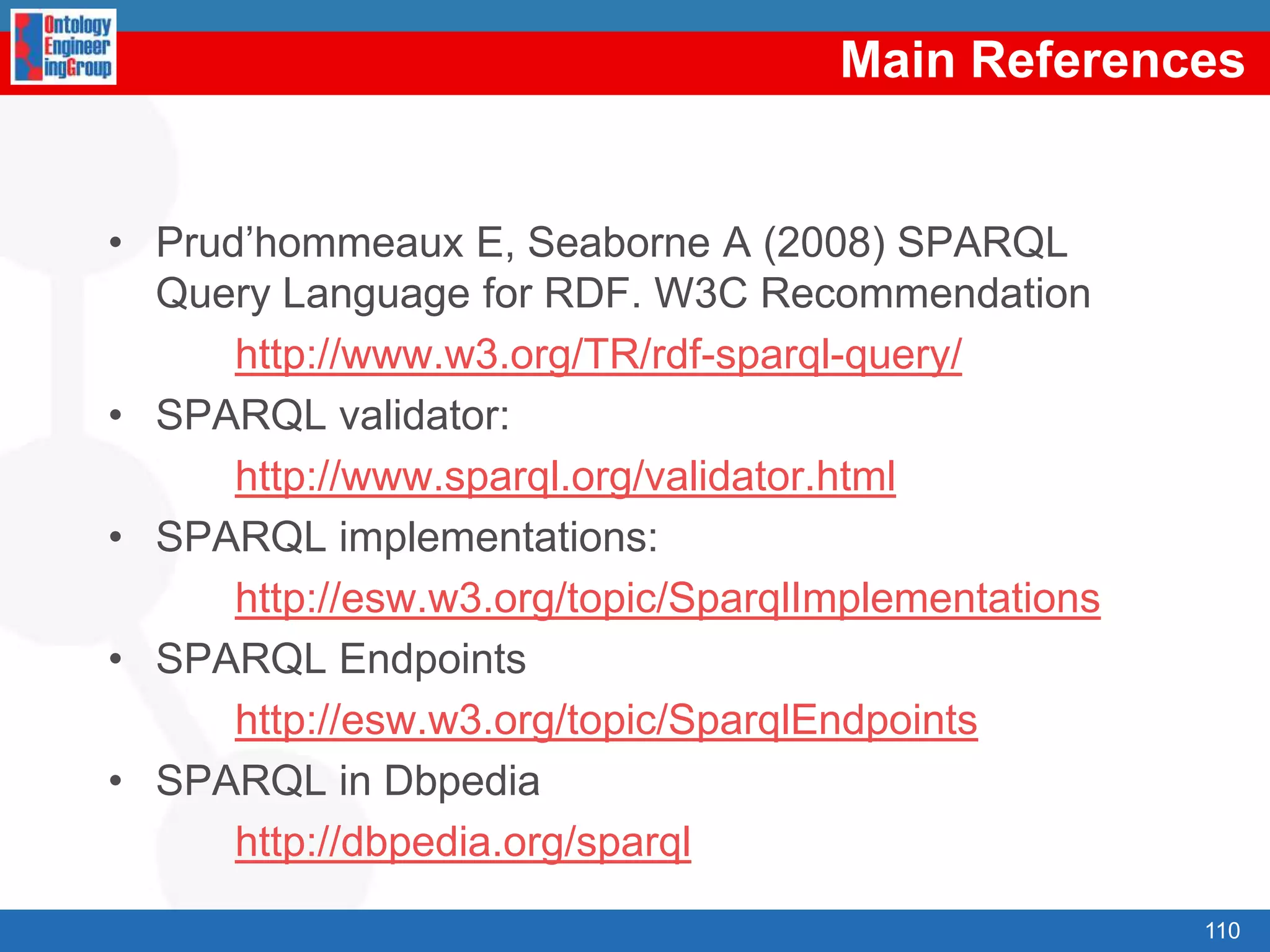 Query typesSelection and extraction“Select all the essays, together with their authors and their authors’ names”“Select everything that is related to the book ‘Bellum Civille’” Reduction: we specify what it should not be returned“Select everything except for the ontological information and the book translators”Restructuring: the original structure is changed in the final result“Invert the relationship ‘author’ by ‘is author of’”Aggregation“Return all the essays together with the mean number of authors per essay”Combination and inferences“Combine the information of a book called ‘La guerra civil’ and whose author is Julius Caesar with the book whose identifier is ‘Bellum Civille’”“Select all the essays, together with its authors and author names”, including also the instances of the subclasses of Essay“Obtain the relationship ‘coauthor’ among persons who have written the same book”85