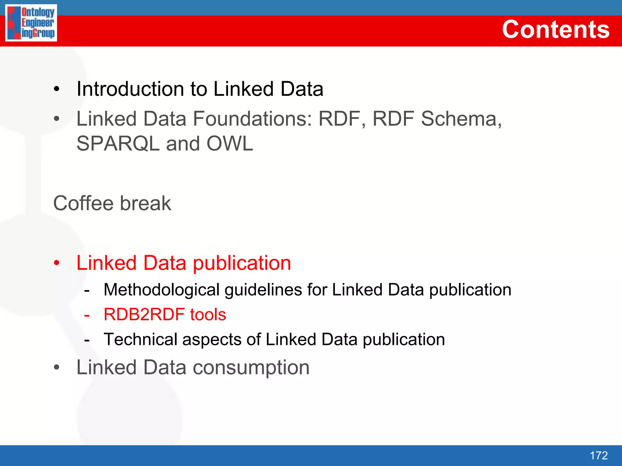 2. Vocabulary developmenthttp://www4.wiwiss.fu-berlin.de/bizer/pub/LinkedDataTutorial/#whichvocabsIdentificationof the data sourcesVocabularydevelopmentGenerationof the RDF DataThisisnotenoughPublicationof the RDF data Data cleansingLinking the RDF dataEnable effective discovery