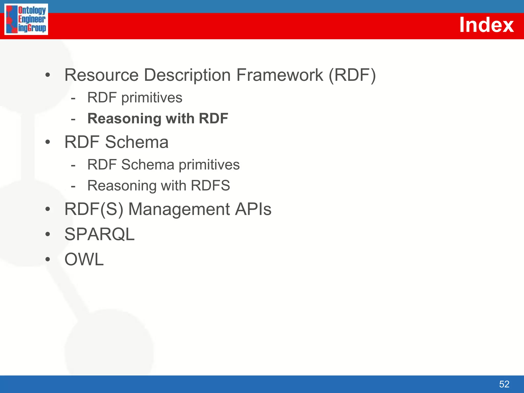 RDF and URIsRDF uses URIRefs(Unique Resource IdentifiersReferences) toidentify resourcesA URIRef consists of a URI and an optional FragmentIdentifier separated from the URI by the hash symbol ‘#’Exampleshttp://www.co-ode.org/people#hasColleaguecoode:hasColleagueA set of URIRefs is known as a vocabularyE.g., the RDF Vocabulary The set of URIRefs used indescribing the RDF concepts:rdf:Property,rdf:Resource, rdf:type, etc.The RDFS Vocabulary The set of URIRefs used indescribing the RDF Schema language: rdfs:Class, rdfs:domain, etc.The ‘Pizza Ontology’ Vocabulary pz:hasTopping,pz:Pizza, pz:VegetarianPizza, etc.39