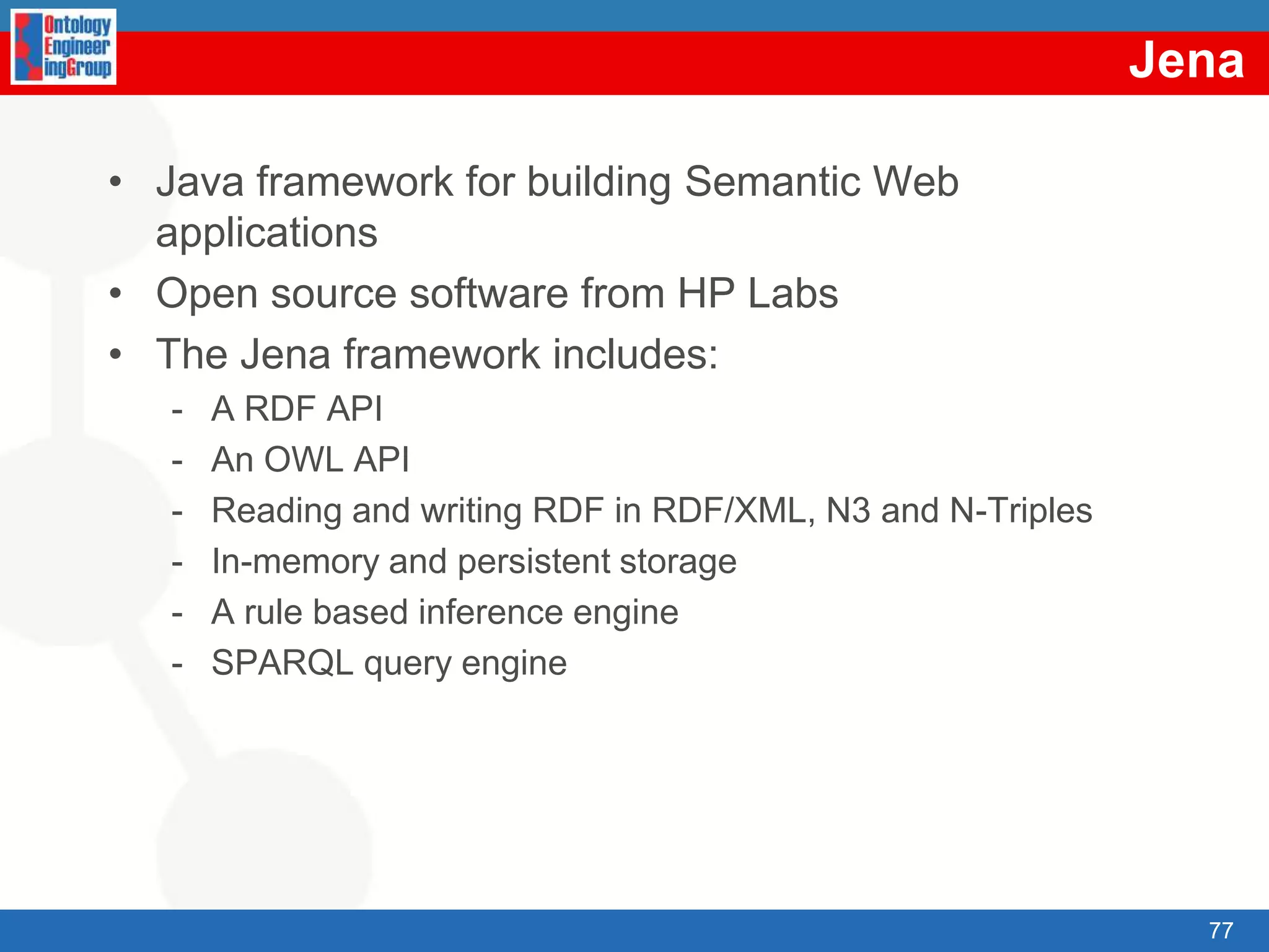 RDF(S) Serialisations. RDF/XML syntax…  <rdf:Property rdf:about="http://www.ontologies.org/ontologies/people#hasHomePage"/>  <rdf:Property rdf:about="http://www.ontologies.org/ontologies/people#hasColleague">    <rdfs:domain rdf:resource=" http://www.ontologies.org/ontologies/people#Person"/>    <rdfs:range rdf:resource=" http://www.ontologies.org/ontologies/people#Person"/>  </rdf:Property>  <rdf:Property rdf:about="http://www.ontologies.org/ontologies/people#hasName">    <rdfs:domain rdf:resource="http://www.w3.org/2002/07/owl#Thing"/>  </rdf:Property>  <person:PhD rdf:ID="Raul"/>  <person:Professor rdf:ID=“Asun">      <person:hasColleague rdf:resource="#Raul"/>      <person:hasHomePage>http://www.fi.upm.es</person:hasHomePage>  </person:Professor>  <person:Lecturer rdf:ID="Oscar">      <person:hasColleague rdf:resource="#Asun"/>      <person:hasName>Óscar Corcho García</person:hasName>  </person:Lecturer></rdf:RDF>60
