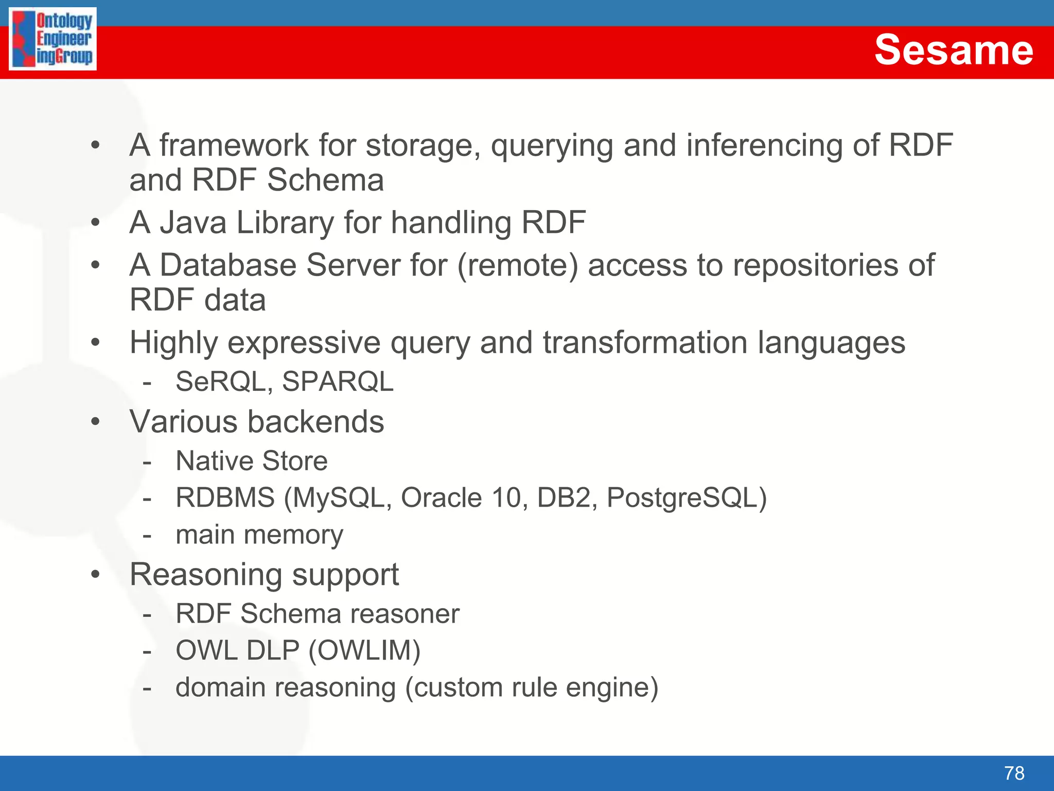 RDF(S) Serialisations. N3@base  <http://www.oeg-upm.net/ontologies/people >@prefix person: <http://www.ontologies.org/ontologies/people#>person:hasColleague 	a rdf:Property;				rdfs:domain person:Person;				rdfs:range person:Person.person:Professor rdfs:subClassOf person:Person.person:Lecturer rdfs:subClassOf person:Person.person:PhD rdfs:subClassOf person:Person.:Asun  	a person:Professor;		person:hasColleague :Raul ;		person:hasHomePage “http://www.fi.upm.es/”.:Oscar 	a person:Lecturer;		person:hasColleague :Asun ; 		person:hasName “Óscar Corcho García”.:Raul 	a person:PhD.a is equivalent to rdf:type61