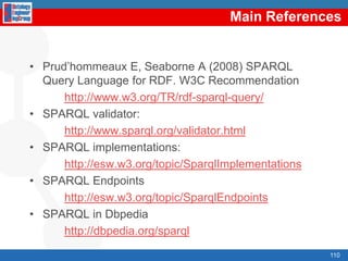 Query typesSelection and extraction“Select all the essays, together with their authors and their authors’ names”“Select everything that is related to the book ‘Bellum Civille’” Reduction: we specify what it should not be returned“Select everything except for the ontological information and the book translators”Restructuring: the original structure is changed in the final result“Invert the relationship ‘author’ by ‘is author of’”Aggregation“Return all the essays together with the mean number of authors per essay”Combination and inferences“Combine the information of a book called ‘La guerra civil’ and whose author is Julius Caesar with the book whose identifier is ‘Bellum Civille’”“Select all the essays, together with its authors and author names”, including also the instances of the subclasses of Essay“Obtain the relationship ‘coauthor’ among persons who have written the same book”85