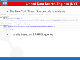 Which format do we use then?RDF (ResourceDescription Framework)Data modelBasedon triples: subject, predicate, object<Oscar> <vive en> <Madrid><Madrid> <es la capital de> <España><España> <es campeona de> <Mundial de Fútbol>…Serialised in differentformatsRDF/XML, RDFa, N3, Turtle, JSON…
