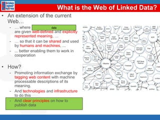 Whatisthe Web of Linked Data?An extension of the current Web…… where information and services are given well-defined and explicitly represented meaning, …… so that it can be shared and used by humans and machines, ...... better enabling them to work in cooperationHow?Promoting information exchange by tagging web content with machineprocessable descriptions of its meaning. And technologies and infrastructure to do thisAnd clear principles on how to publish datadata