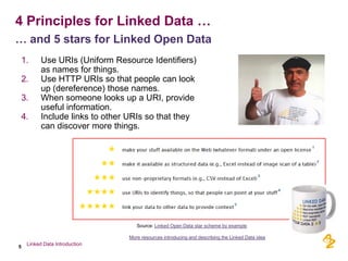 4 Principles for Linked Data …
… and 5 stars for Linked Open Data
    1.     Use URIs (Uniform Resource Identifiers)
           as names for things.
    2.     Use HTTP URIs so that people can look
           up (dereference) those names.
    3.     When someone looks up a URI, provide
           useful information.
    4.     Include links to other URIs so that they
           can discover more things.




                                    Source: Linked Open Data star scheme by example

                                 More resources introducing and describing the Linked Data idea
     Linked Data Introduction
5
 