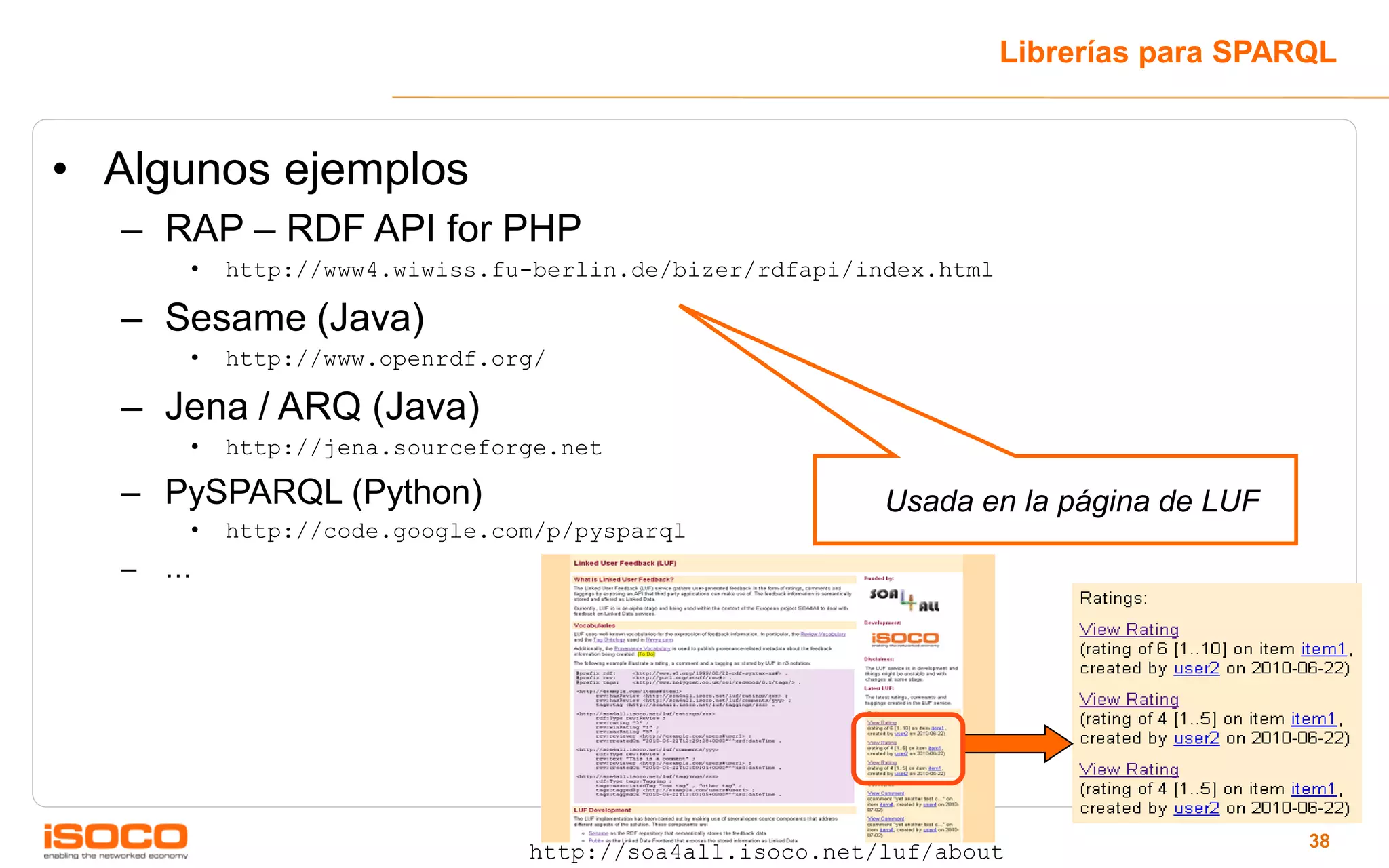 Librerías para SPARQL


• Algunos ejemplos
  – RAP – RDF API for PHP
      •   http://www4.wiwiss.fu-berlin.de/bizer/rdfapi/index.html

  – Sesame (Java)
      •   http://www.openrdf.org/

  – Jena / ARQ (Java)
      •   http://jena.sourceforge.net

  – PySPARQL (Python)                                    Usada en la página de LUF
      •   http://code.google.com/p/pysparql
  –   …




                                                                                       38
                               http://soa4all.isoco.net/luf/about
 