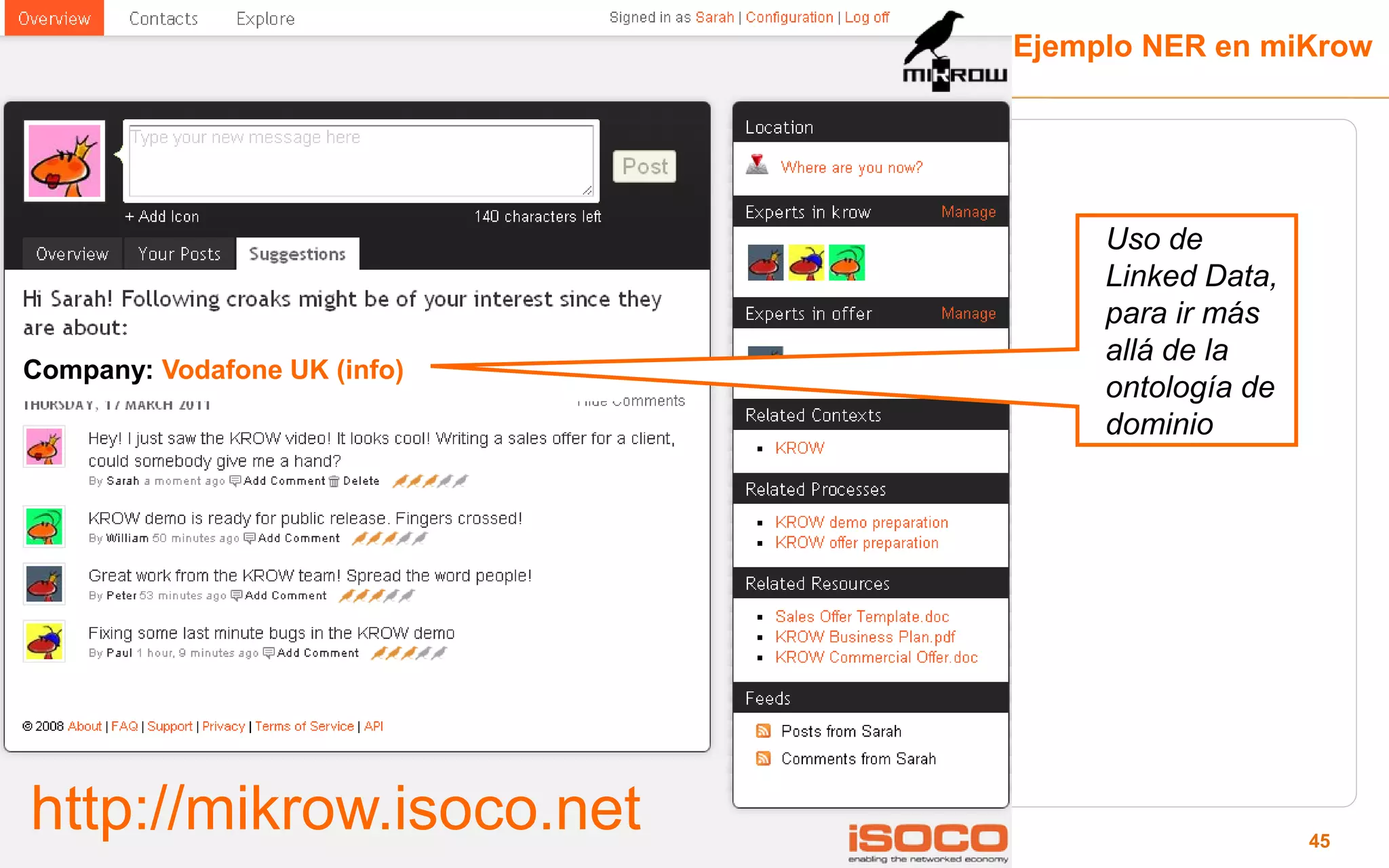 Ejemplo NER en miKrow




                                   Uso de
                                   Linked Data,
                                   para ir más
                                   allá de la
Company: Vodafone UK (info)
                                   ontología de
                                   dominio




http://mikrow.isoco.net                           45
 