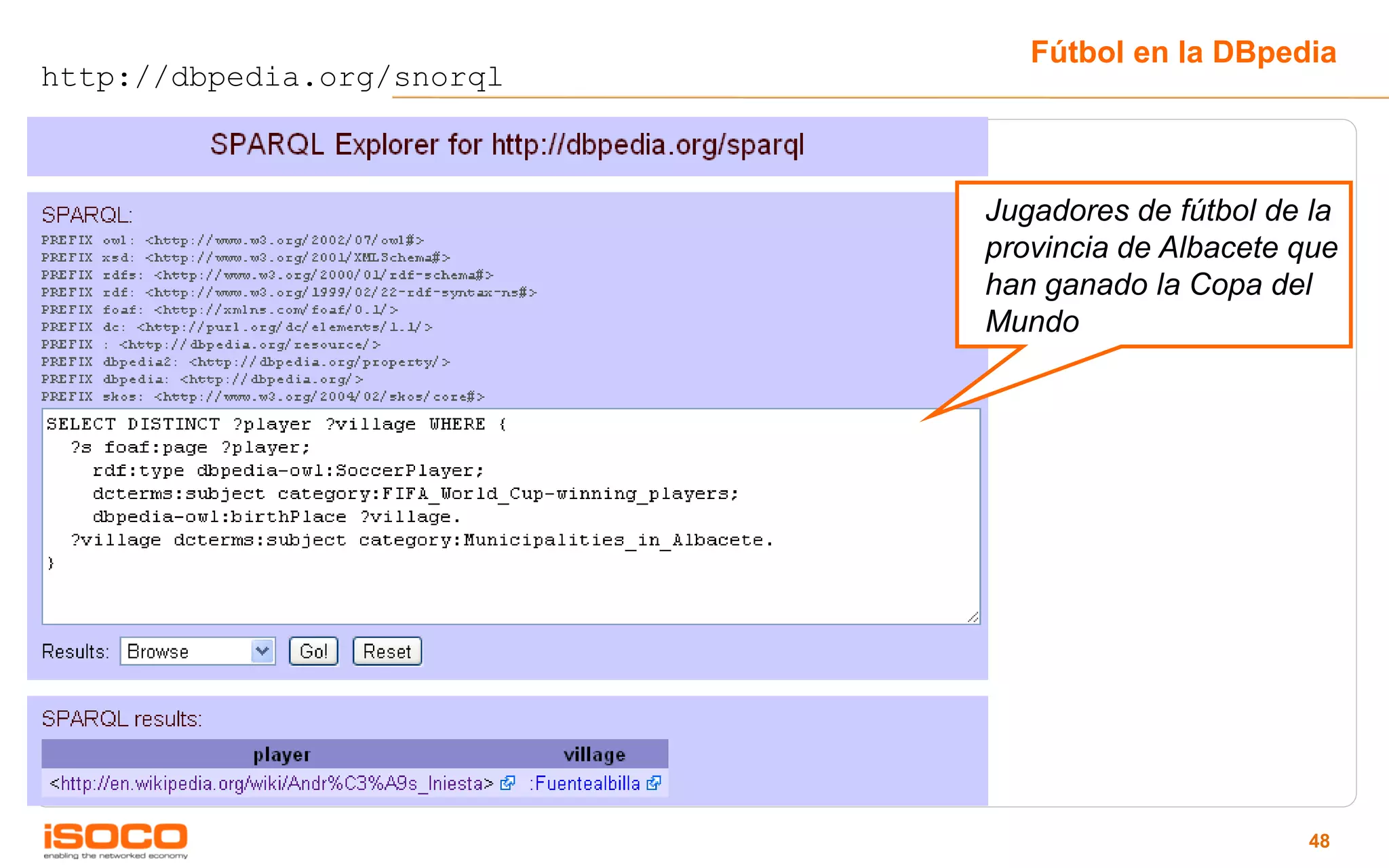 Fútbol en la DBpedia
http://dbpedia.org/snorql



                            Jugadores de fútbol de la
                            provincia de Albacete que
                            han ganado la Copa del
                            Mundo




                                                  48
 