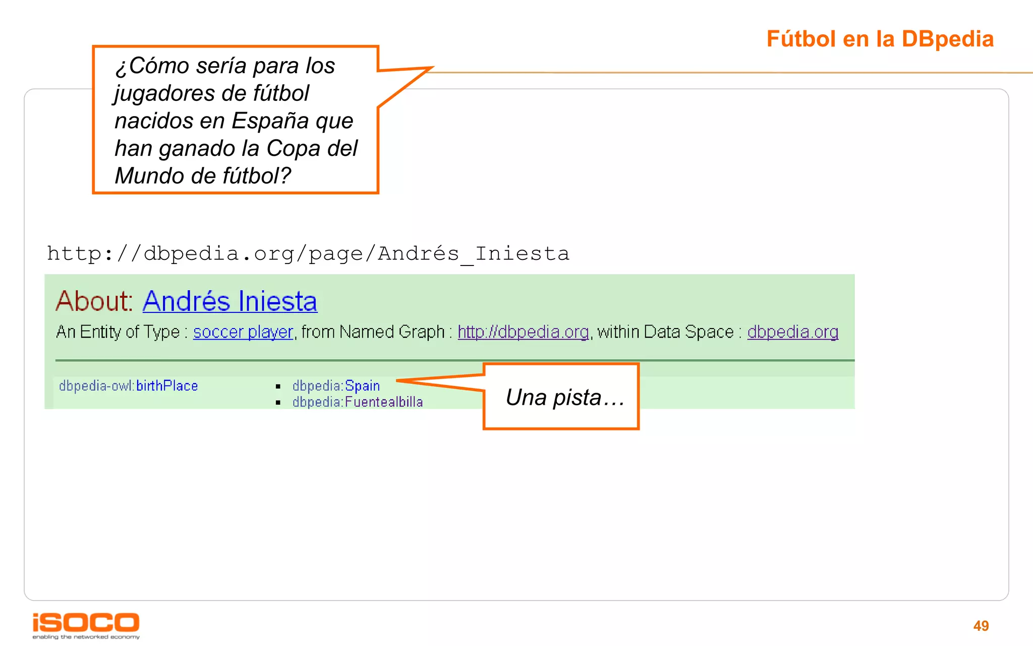 Fútbol en la DBpedia
    ¿Cómo sería para los
    jugadores de fútbol
    nacidos en España que
    han ganado la Copa del
    Mundo de fútbol?


http://dbpedia.org/page/Andrés_Iniesta




                                 Una pista…




                                                                49
 