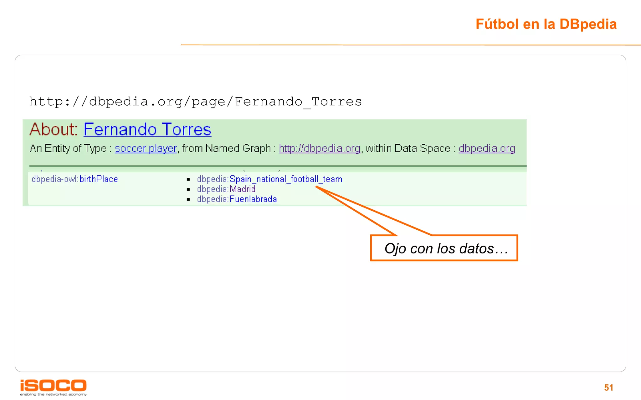 Fútbol en la DBpedia




http://dbpedia.org/page/Fernando_Torres




                                          Ojo con los datos…




                                                                         51
 