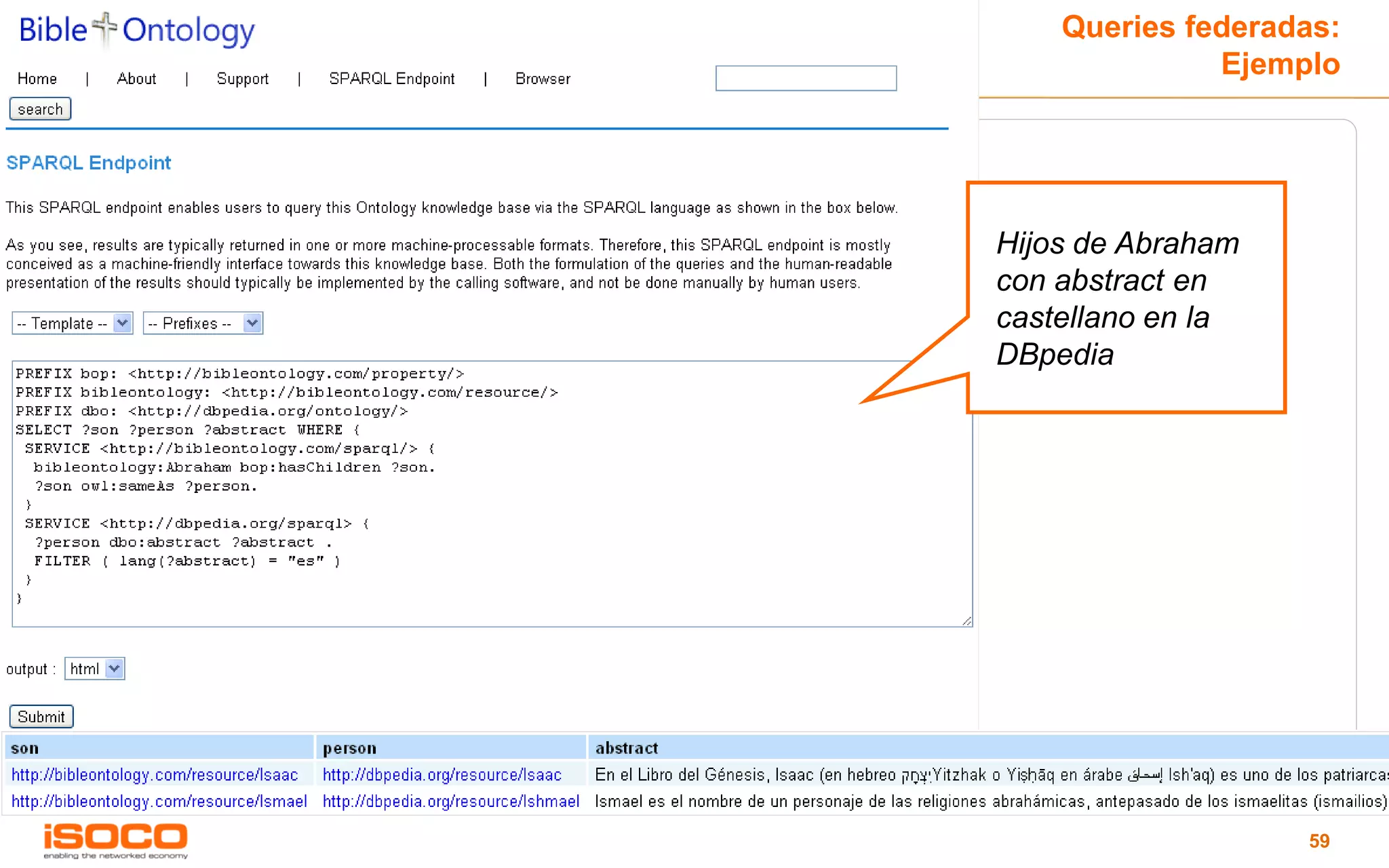 Queries federadas:
              Ejemplo




Hijos de Abraham
con abstract en
castellano en la
DBpedia




                   59
 