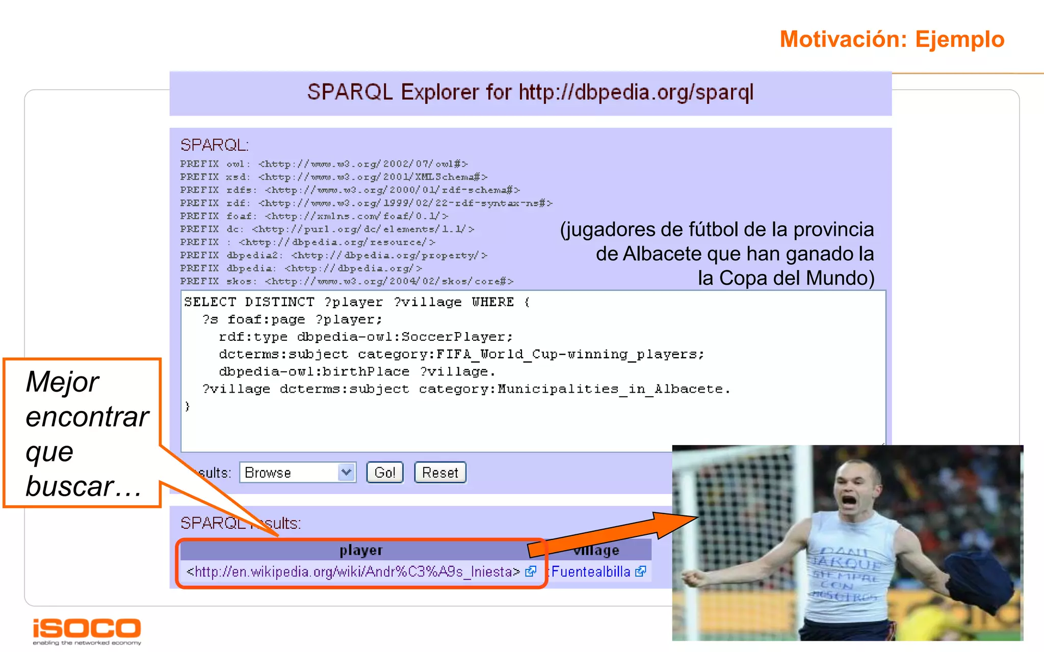 Motivación: Ejemplo




            (jugadores de fútbol de la provincia
                de Albacete que han ganado la
                           la Copa del Mundo)




Mejor
encontrar
que
buscar…



                                                      6
 