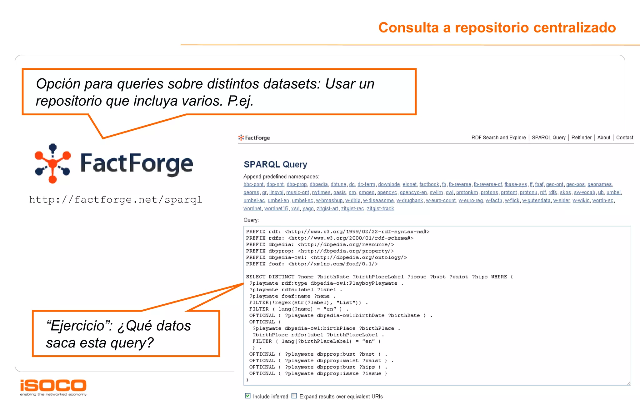 Consulta a repositorio centralizado


Opción para queries sobre distintos datasets: Usar un
repositorio que incluya varios. P.ej.




http://factforge.net/sparql      Corripio, c/Fuencarral 102




  “Ejercicio”: ¿Qué datos
  saca esta query?


                                                                                         60
 