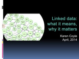 Linked data:
what it means,
why it matters
Karen Coyle
April, 2014
 