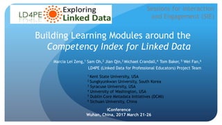 Building Learning Modules around the
Competency Index for Linked Data
Marcia Lei Zeng,1 Sam Oh,2 Jian Qin,3 Michael Crandall,4 Tom Baker, 5 Wei Fan,6
LD4PE (Linked Data for Professional Educators) Project Team
iConference
Wuhan, China, 2017 March 21-26
Sessions for Interaction
and Engagement (SIE)
1 Kent State University, USA
2 Sungkyunkwan University, South Korea
3 Syracuse University, USA
4 University of Washington, USA
5 Dublin Core Metadata Initiatives (DCMI)
6 Sichuan University, China
 