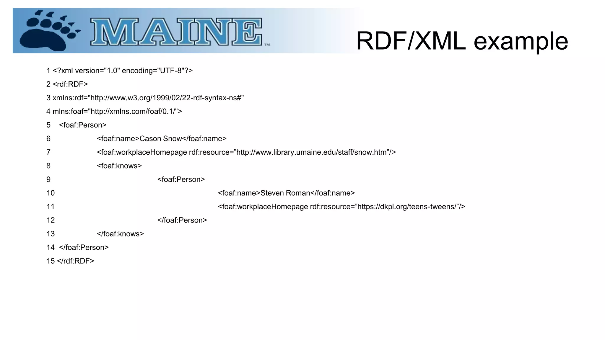 RDF/XML example
1 <?xml version="1.0" encoding="UTF-8"?>
2 <rdf:RDF>
3 xmlns:rdf="http://www.w3.org/1999/02/22-rdf-syntax-ns#"
4 mlns:foaf="http://xmlns.com/foaf/0.1/">
5 <foaf:Person>
6 <foaf:name>Cason Snow</foaf:name>
7 <foaf:workplaceHomepage rdf:resource=”http://www.library.umaine.edu/staff/snow.htm”/>
8 <foaf:knows>
9 <foaf:Person>
10 <foaf:name>Steven Roman</foaf:name>
11 <foaf:workplaceHomepage rdf:resource=”https://dkpl.org/teens-tweens/”/>
12 </foaf:Person>
13 </foaf:knows>
14 </foaf:Person>
15 </rdf:RDF>
 