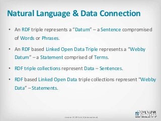 Natural Language & Data Connection 
• An RDF triple represents a “Datum” – a Sentence compromised 
of Words or Phrases. 
• An RDF based Linked Open Data Triple represents a “Webby 
Datum” – a Statement comprised of Terms. 
• RDF triple collections represent Data – Sentences. 
• RDF based Linked Open Data triple collections represent “Webby 
Data” – Statements. 
License CC-BY-SA 4.0 (International). 
 