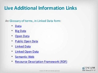 Live Additional Information Links 
An Glossary of terms, in Linked Data form: 
• Data 
• Big Data 
• Open Data 
• Public O...