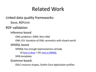 Future Work 
Shape Expressions language 
Named graphs 
Implementations: Debugging and error messages 
Performance 
Applica...