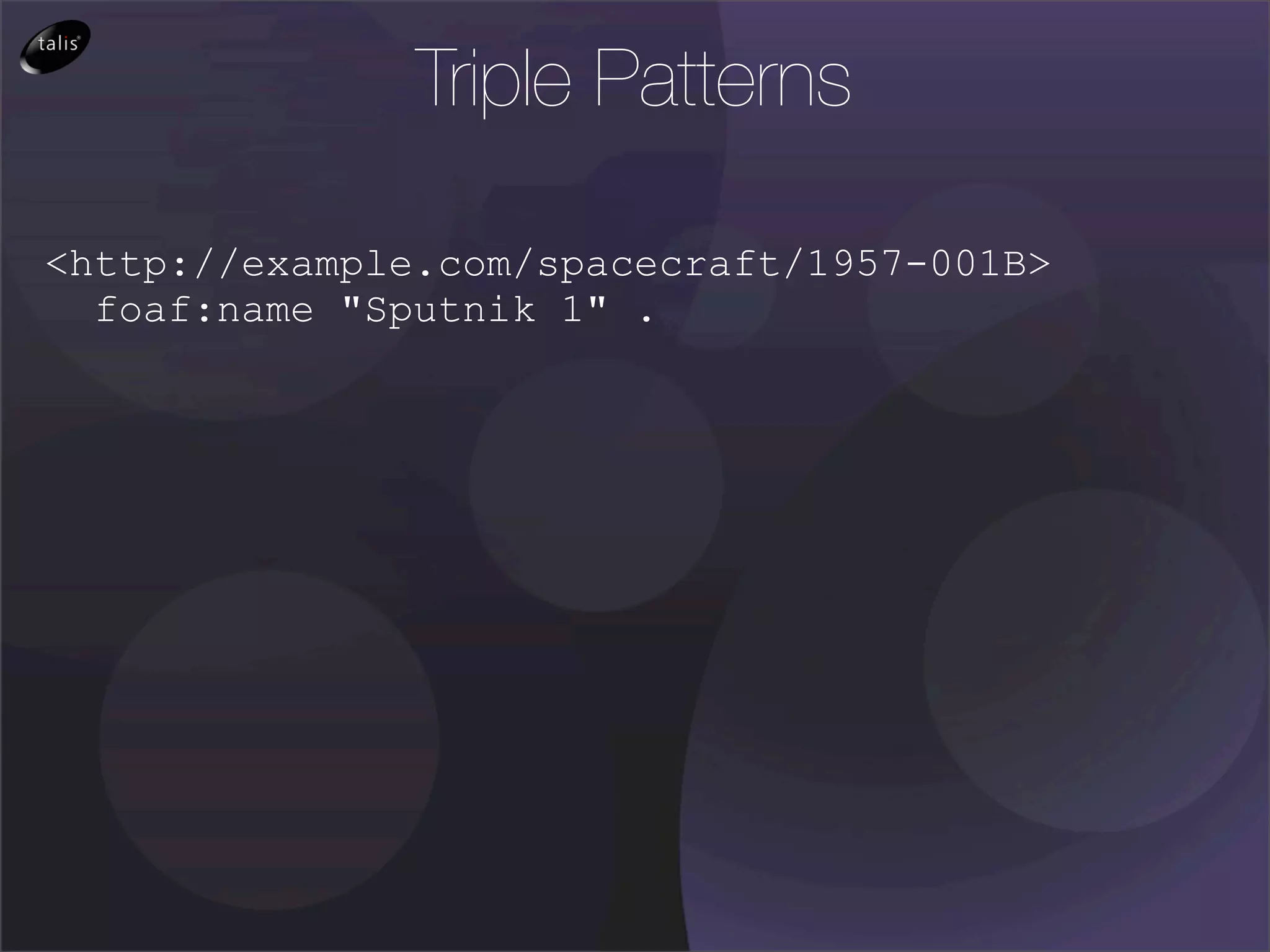 Triple Patterns

<http://example.com/spacecraft/1957-001B>
  foaf:name "Sputnik 1" .
 