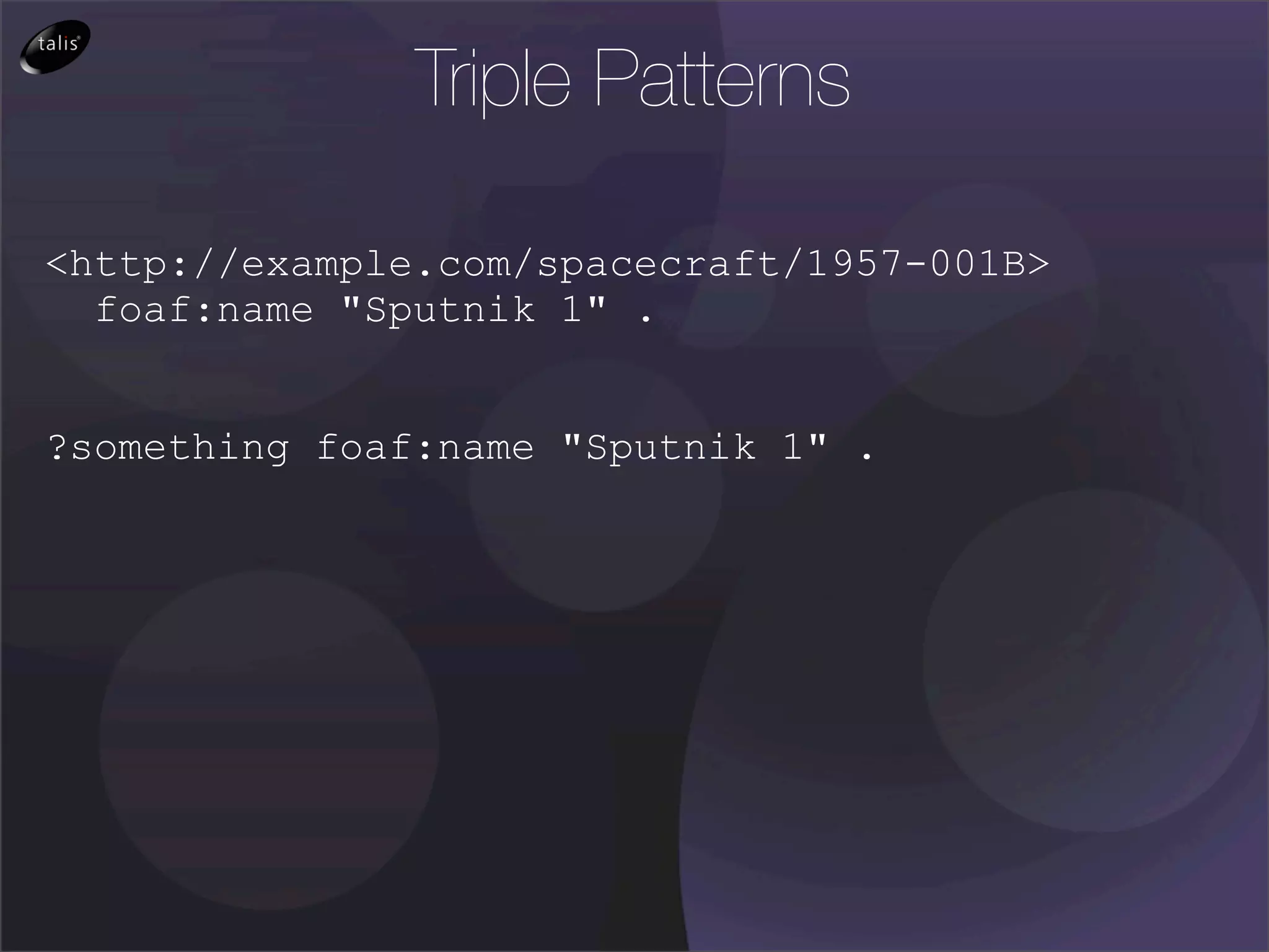 Triple Patterns

<http://example.com/spacecraft/1957-001B>
  foaf:name "Sputnik 1" .


?something foaf:name "Sputnik 1" .
 