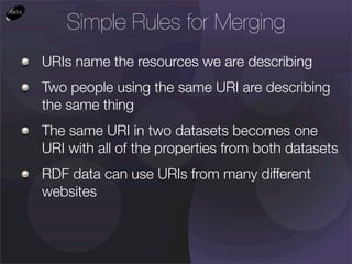 Simple Rules for Merging
URIs name the resources we are describing
Two people using the same URI are describing
the same thing
The same URI in two datasets becomes one
URI with all of the properties from both datasets
RDF data can use URIs from many different
websites
 