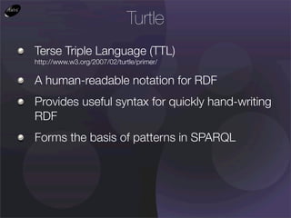 Turtle
Terse Triple Language (TTL)
http://www.w3.org/2007/02/turtle/primer/

A human-readable notation for RDF
Provides useful syntax for quickly hand-writing
RDF
Forms the basis of patterns in SPARQL
 