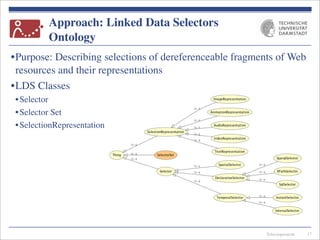 Telecooperation
Approach: Linked Data Selectors
Ontology
•Purpose: Describing selections of dereferenceable fragments of Web
resources and their representations
•LDS Classes
•Selector
•Selector Set
•SelectionRepresentation
17
 