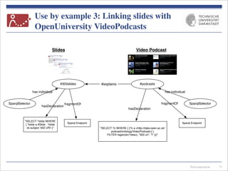 Telecooperation
Use by example 3: Linking slides with
OpenUniversity VideoPodcasts
31
#303slides
hasDeclaration
SparqlSelector
has individual
fragmentOf
Sparql Endpoint
"SELECT ?slide WHERE
{ ?slide a #Slide . ?slide
dc:subject '303 URI'.}"
#podcasts#explains
SparqlSelector
has individual
hasDeclaration
fragmentOf
Sparql Endpoint
"SELECT ?c WHERE { {?c a <http://data.open.ac.uk/
podcast/ontology/VideoPodcast>} }
FILTER regex(str(?desc), "303 uri", "i" )}}"
Slides Video Podcast
 