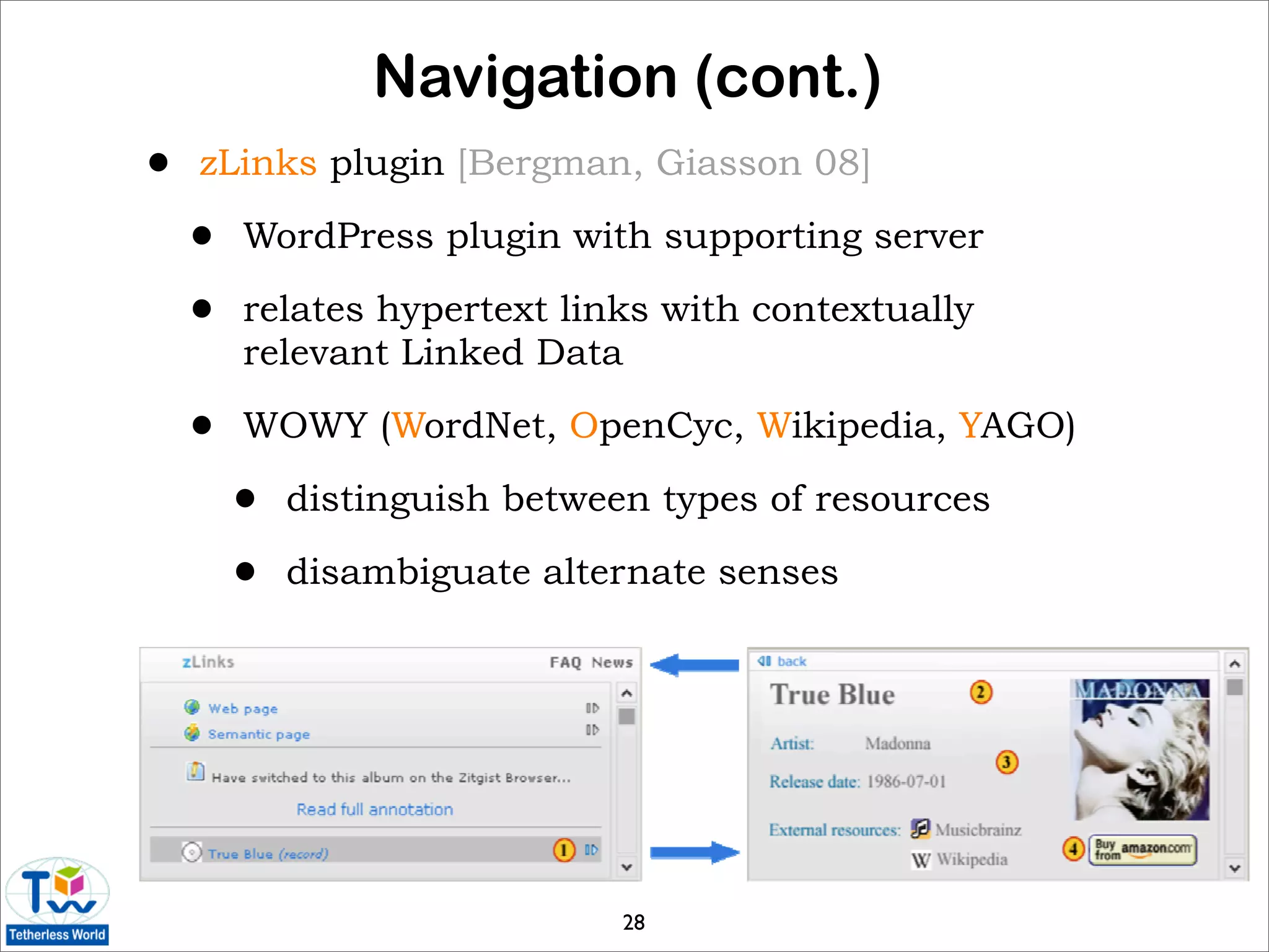 Navigation (cont.)
•   zLinks plugin [Bergman, Giasson 08]

    •   WordPress plugin with supporting server

    •   relates hypertext links with contextually
        relevant Linked Data

    •   WOWY (WordNet, OpenCyc, Wikipedia, YAGO)

        •   distinguish between types of resources

        •   disambiguate alternate senses




                              28
 