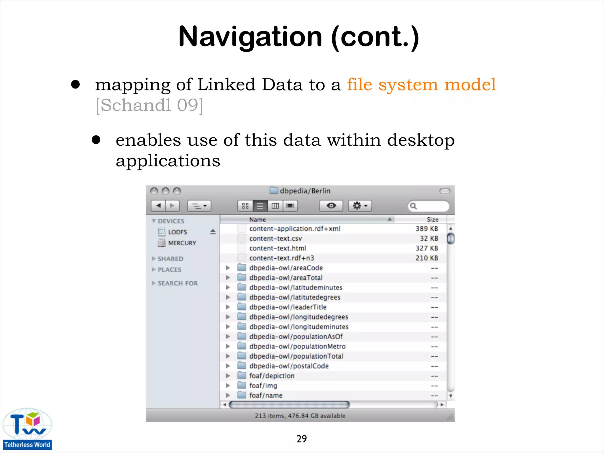 Navigation (cont.)
•   mapping of Linked Data to a file system model
    [Schandl 09]

    •   enables use of this data within desktop
        applications




                            29
 
