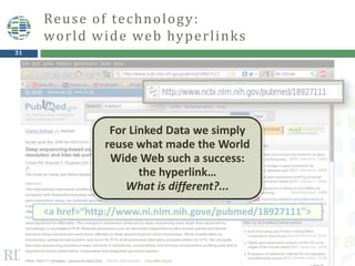 31
Reuse of technology:
world wide web hyperlinks
<a href=“http://www.ni.nlm.nih.gove/pubmed/18927111">
For Linked Data we simply
reuse what made the World
Wide Web such a success:
the hyperlink…
What is different?...
 