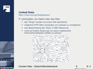 5.Carsten Klee - Zeitschriftendatenbank S. 2
Linked Data
http://www.w3.org/DesignIssues/
 Verknüpfen von Daten über das Web
 alle "Dinge" werden mit einem URI identifiziert
 möglichst HTTP-URIs verwenden um LookUps zu ermöglichen
 eine Beschreibung des "Ding" in RDF (Resource)
 Links auf andere Resources um (auch unbekannte)
Informartionsbedarfe erfüllen zu können
 