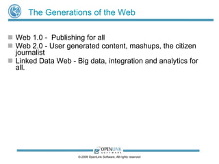 The Generations of the Web <ul><li>Web 1.0 -  Publishing for all </li></ul><ul><li>Web 2.0 - User generated content, mashu...