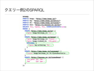 2     SPARQL
SPARQL
PREFIX kegg: <http://www.kegg.jp/>
PREFIX kg: <http://www.kegg.jp/entry/>
PREFIX kt: <http://www.kegg.jp/taxon/>
PREFIX kns: <http://a.kazusa.or.jp/ns/>
SELECT ?oc, ?gene, ?ko, COUNT(DISTINCT(?pm))
WHERE {
  GRAPH <http://www.kegg.jp/oc> {
    ?gene kegg:belongs_to ?oc .
  }
  GRAPH <http://www.kegg.jp/genes> {
    ?gene kegg:belongs_to ?taxon .
    ?gene kegg:linked_to ?cb_gene .
    OPTIONAL {
      ?gene kg:ortholog ?ko .
    }
  }
  GRAPH <http://www.kegg.jp/taxonomy> {
    ?taxon kegg:belongs_to kt:Cyanobacteria .
  }
  GRAPH <http://kazusa.or.jp/cyanobase> {
    ?cb_gene ?p1 ?bm .
    ?bm      ?p2 ?pm .
  }
};
 
