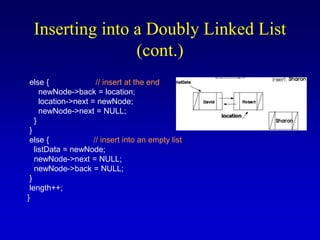 Inserting into a Doubly Linked List
(cont.)
else { // insert at the end
newNode->back = location;
location->next = newNode;
newNode->next = NULL;
}
}
else { // insert into an empty list
listData = newNode;
newNode->next = NULL;
newNode->back = NULL;
}
length++;
}