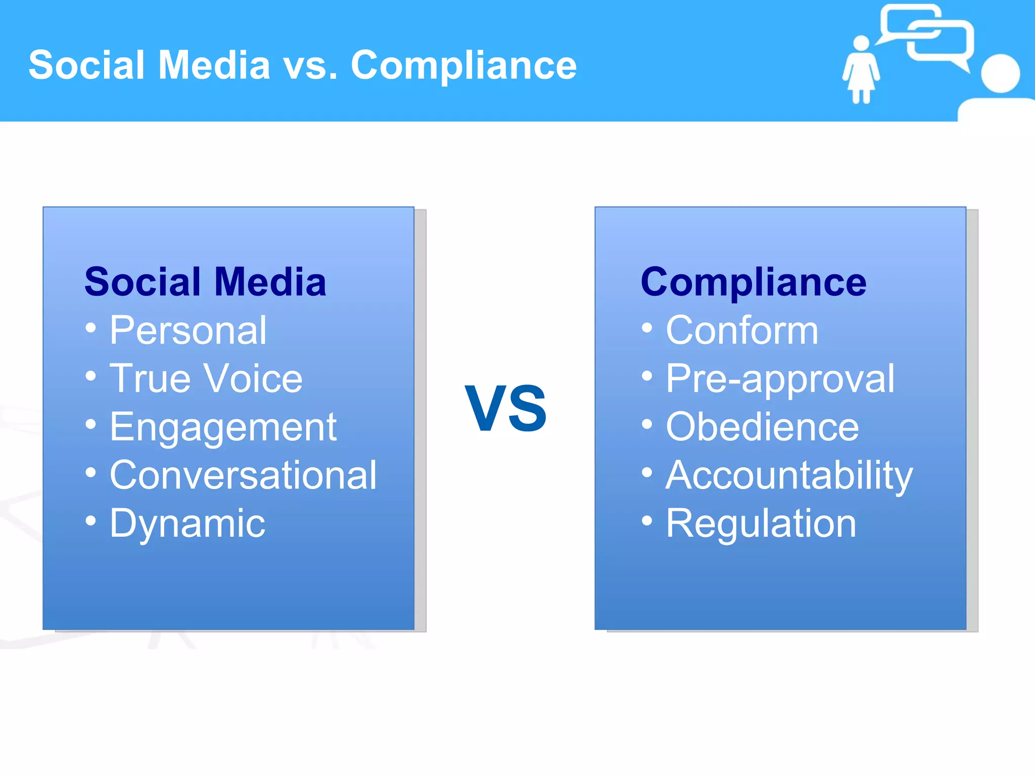 Social Media vs. Compliance




     Social Media                          Compliance
     • Personal                            • Conform
     • True Voice                          • Pre-approval
     • Engagement        VS                • Obedience
     • Conversational                      • Accountability
     • Dynamic                             • Regulation




 5                      www.linkedFA.com
 